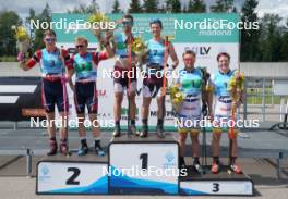 18.07.2024, Madona, Latvia (LAT): Flower ceremony, Andreas Bergsland (NOR), Hermann Skram Botterud (NOR), Raimo Vigants (LAT), Lauris Kaparkalejs (LAT), Simon Karlsson (SWE), Erik Fransson (SWE) - FIS Rollerski World Cup, team sprint, Madona (LAT). www.nordicfocus.com. © Koksarovs/NordicFocus. Every downloaded picture is fee-liable.