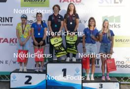 18.07.2024, Madona, Latvia (LAT): Medal ceremony, Daryna Myhal (UKR), Sofiia Shkatula (UKR), Maria Invernizzi (ITA), Anna Maria Ghiddi (UKR), Mariia Pavlenko (UKR), Yevheniia Murach (UKR), XXX - FIS Rollerski World Cup, team sprint, Madona (LAT). www.nordicfocus.com. © Koksarovs/NordicFocus. Every downloaded picture is fee-liable.