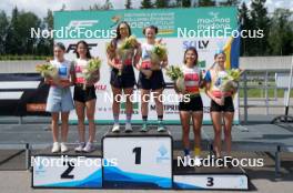 18.07.2024, Madona, Latvia (LAT): Flower ceremony, Daryna Myhal (UKR), Sofiia Shkatula (UKR), Maria Invernizzi (ITA), Anna Maria Ghiddi (UKR), Mariia Pavlenko (UKR), Yevheniia Murach (UKR), XXX - FIS Rollerski World Cup, team sprint, Madona (LAT). www.nordicfocus.com. © Koksarovs/NordicFocus. Every downloaded picture is fee-liable.